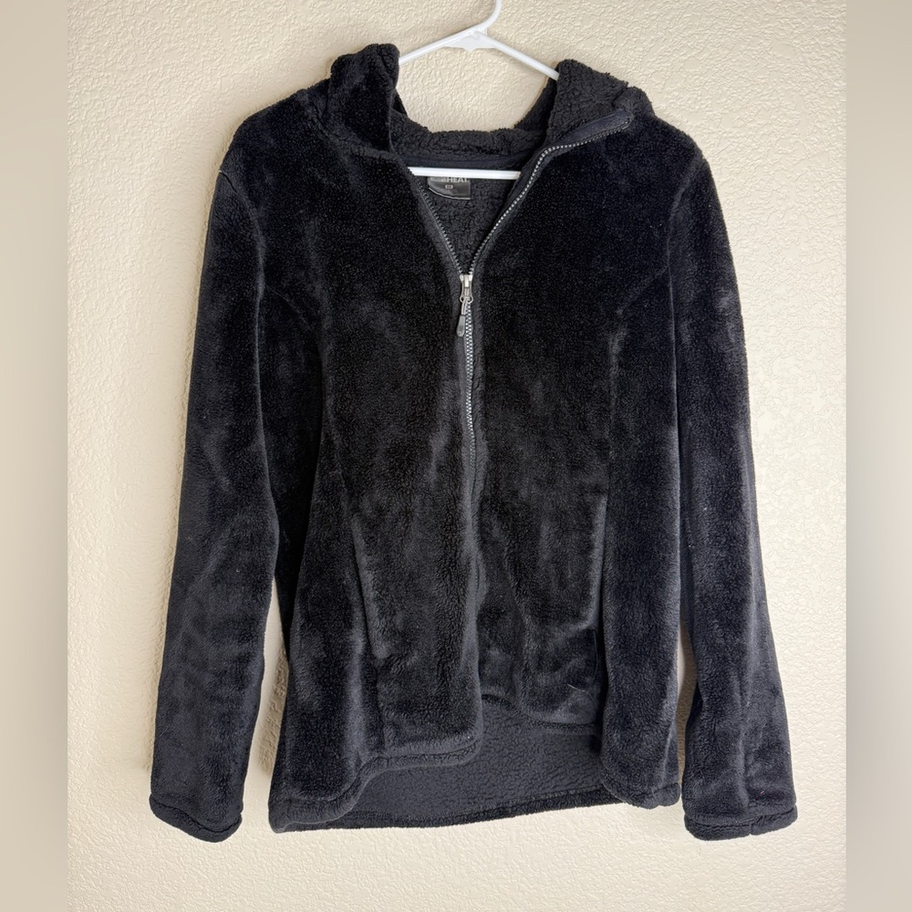 Cozy Black Fleece Zip-Up Hoodie 32 Degrees Heat Faux Fur Medium Good Condition